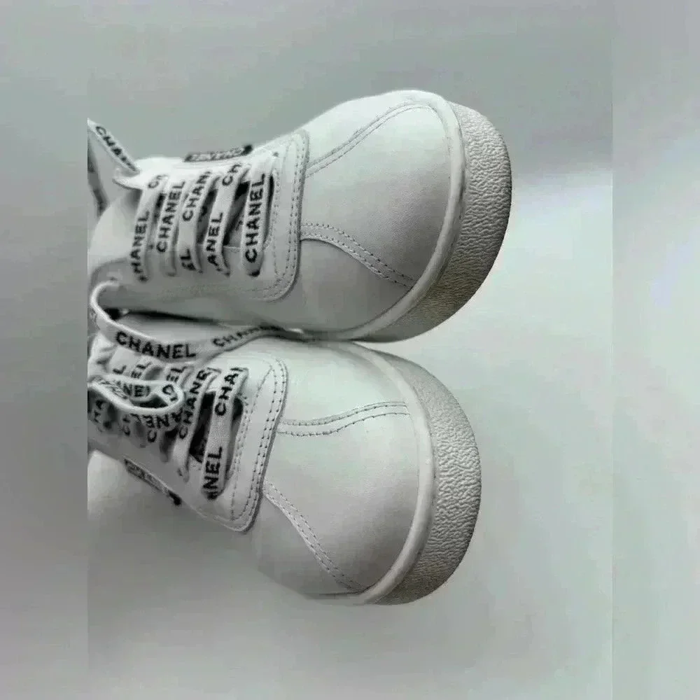 Chanel White Leather Casual Sneakers: Women's Size 36.5 Logo Laces CC